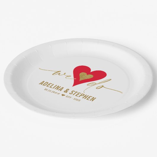 ウェディングエレガントデーシンプルハート私たちは金ゴールドスクリプトを行う ペーパープレート (アングル)