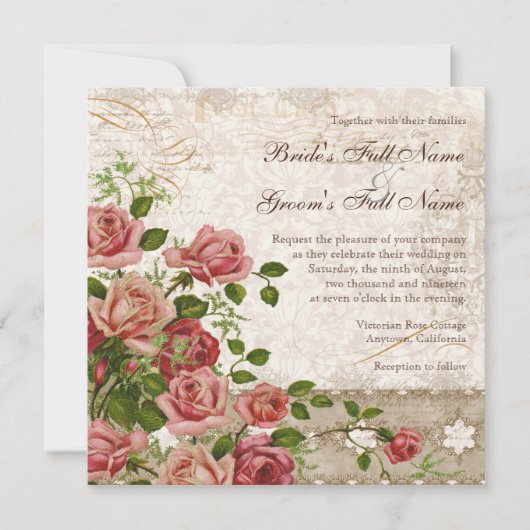 ウェディングエレガントフォーマル招待茶バラヴィンテージ 招待状 (正面)