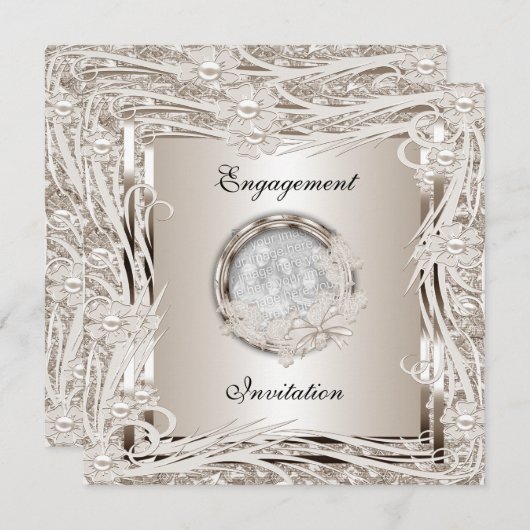 ウェディングエンゲージメントの招待状 セピア フラワーフレーム 招待状 (正面/裏面)