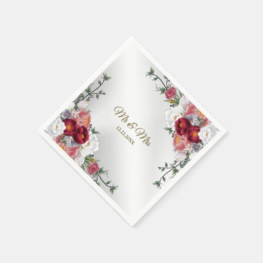ウェディングカラフルパーティーレッドホワイトフローラシルバー スタンダードカクテルナプキン (角)