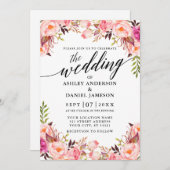 ウェディングカリグラフィー 水彩 ピンク ブラッシュ フラワーリング 招待状 (正面/裏面)