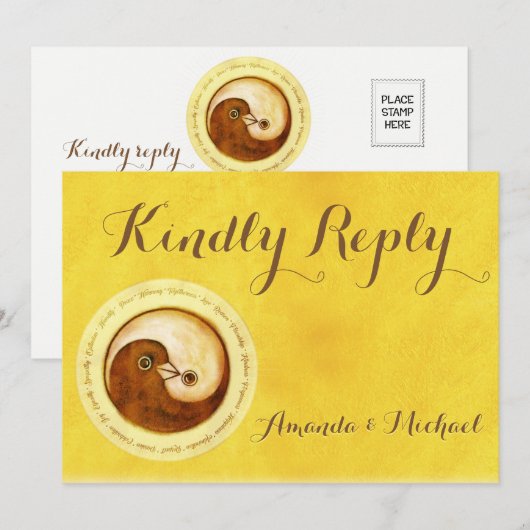 ウェディングカードにお返事ください。 ゴールドの陰陽の鳩が調和を。 招待状 (正面/裏面)