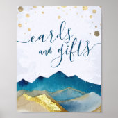 ウェディングカードギフト水色ブルー金ゴールド山 ポスター (正面)
