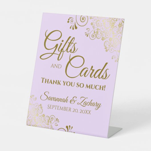 ウェディングギフト&カードありがとう薄紫パープル金ゴールド 台座サイン (正面)