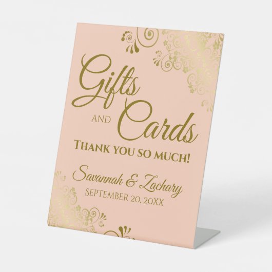 ウェディングギフト&カードサンキューコーラルピーチ&金ゴールド 台座サイン (正面)