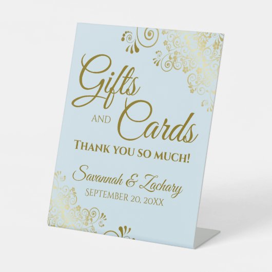 ウェディングギフト&カードサンキューパウダーブルー&金ゴールド 台座サイン (正面)