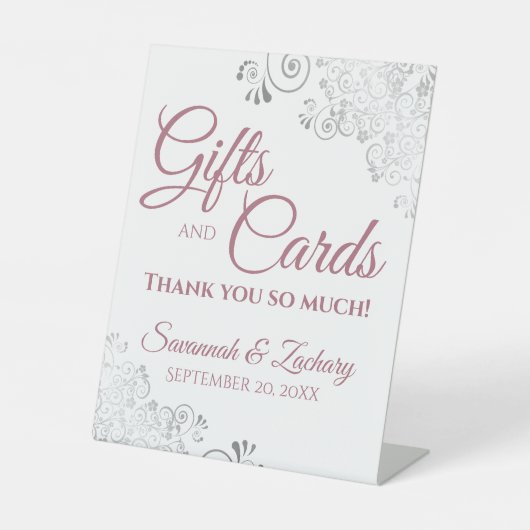 ウェディングギフト&カードシルバーフリル&ほこりっぽいバラ 台座サイン (正面)