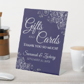 ウェディングギフト&カードネイビーブルーのシルバーフリル 台座サイン (インサイチュ)