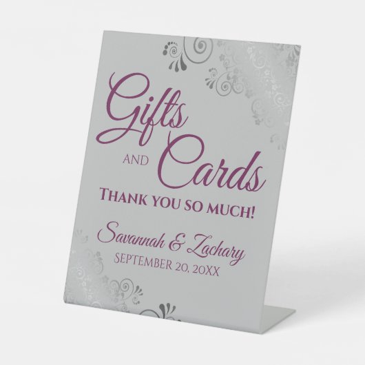 ウェディングギフト&カードレースのようグレーのシルバーマゼンタ 台座サイン (正面)