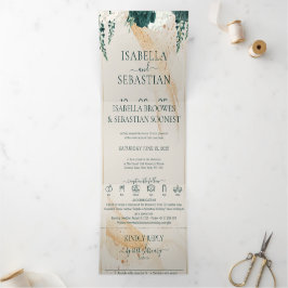 ウェディングクリーム エメラルドグリーン ローズ フラワープラン 三つ折り招待状