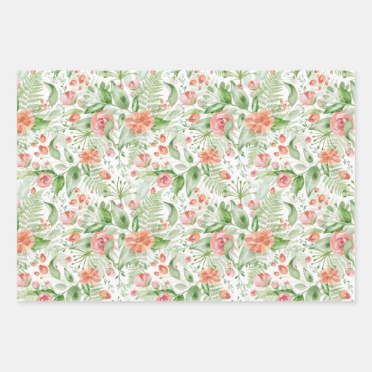 ウェディンググリーンとピンクのトロピカルフラワーとフェルン ラッピングペーパーシート (正面3)