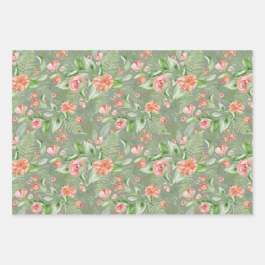 ウェディンググリーンとピンクのトロピカルフラワーとフェルン ラッピングペーパーシート (正面2)