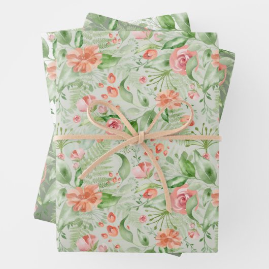 ウェディンググリーンとピンクのトロピカルフラワーとフェルン ラッピングペーパーシート (インサイチュ)