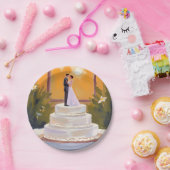 ウェディングケーキ花嫁と花婿のブラウンヘア ウォーターカラー ペーパープレート (パーティー)