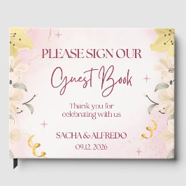 ウェディングゲストブックサイン - フラワーピンクエレガントデザイン ゲストブック