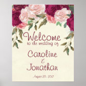 ウェディングサイン バーガンディ ピンク フラワーリング ポスター (正面)