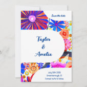 ウェディングザデイトレトロブルーオレンジ 招待状 (正面)