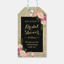 ウェディングシャワーお礼ゴールドグリッター ピンクの花 ギフトタグ
