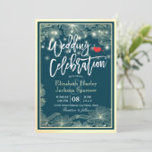 ウェディングシャワーお祝いブルー金ゴールドフローラライト 招待状 (スタンド正面)