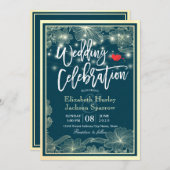 ウェディングシャワーお祝いブルー金ゴールドフローラライト 招待状 (正面/裏面)