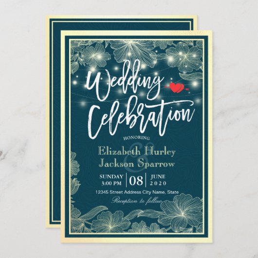 ウェディングシャワーお祝いブルー金ゴールドフローラライト 招待状 (正面/裏面)