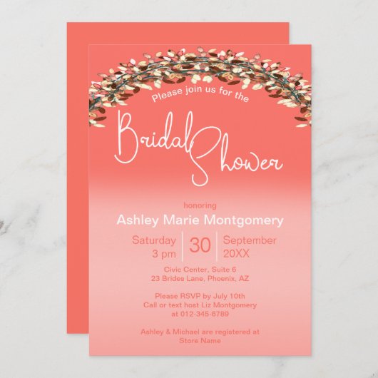 ウェディングシャワーのおしゃれなデザイン ライフコーラルのオンブレ リーフィーアーチ 招待状 (正面/裏面)