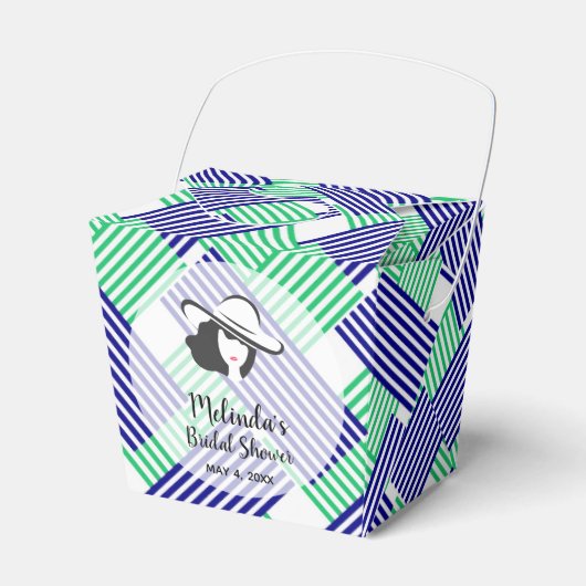ウェディングシャワーのおもてなし ネイビーグリーンのストライプ 持ち帰り フェイバーボックス (正面サイド)