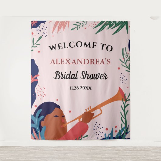 ウェディングシャワーのお出迎えピンクの写真撮影用背景 タペストリー (正面)