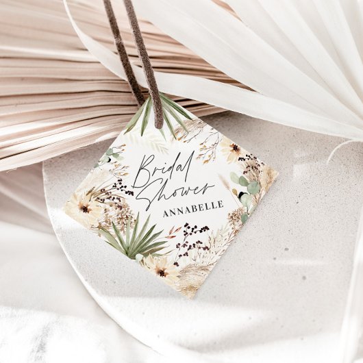 ウェディングシャワーのお礼の現代的なパンパスグラスと葉 フェイバータグ