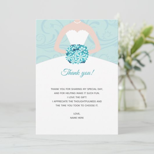 ウェディングシャワーのお礼カード　ターコイズの渦巻きドレス サンキューカード (スタンド正面)