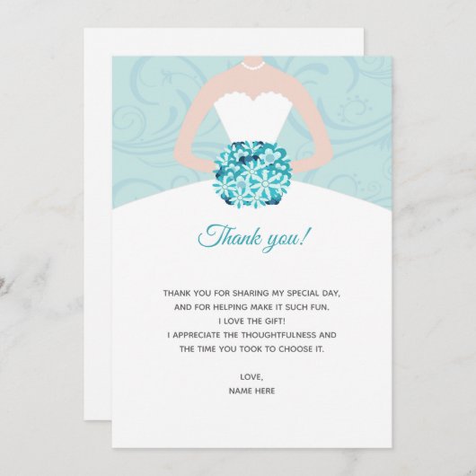 ウェディングシャワーのお礼カード　ターコイズの渦巻きドレス サンキューカード (正面/裏面)