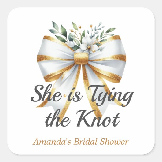 ウェディングシャワーのお花のホワイトボウテーマ「Tying the Knot」 スクエアシール (正面)