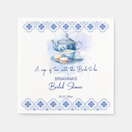ウェディングシャワーのお茶会 青いタイルの茶壺 スタンダードカクテルナプキン (正面)
