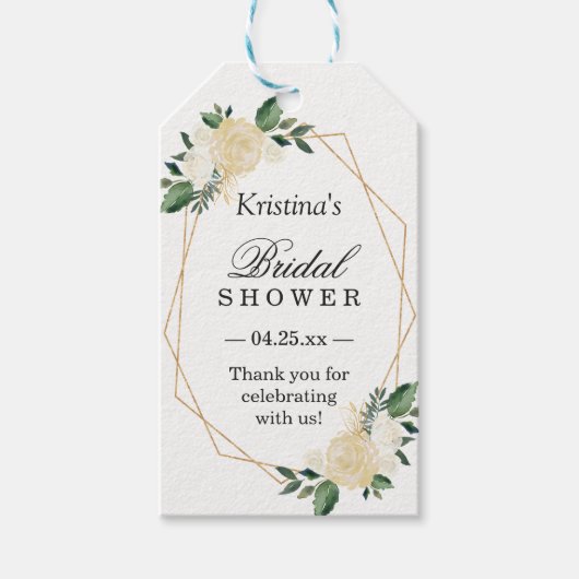 ウェディングシャワーのお favors 現代のゴールドフレーム 緑の花 ギフトタグ (正面)