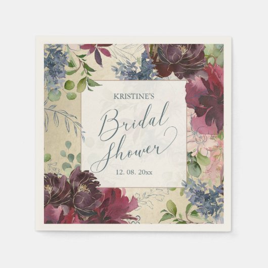 ウェディングシャワーのために選ばれたマーズラ色の花の水彩とゴールド スタンダードカクテルナプキン (正面)