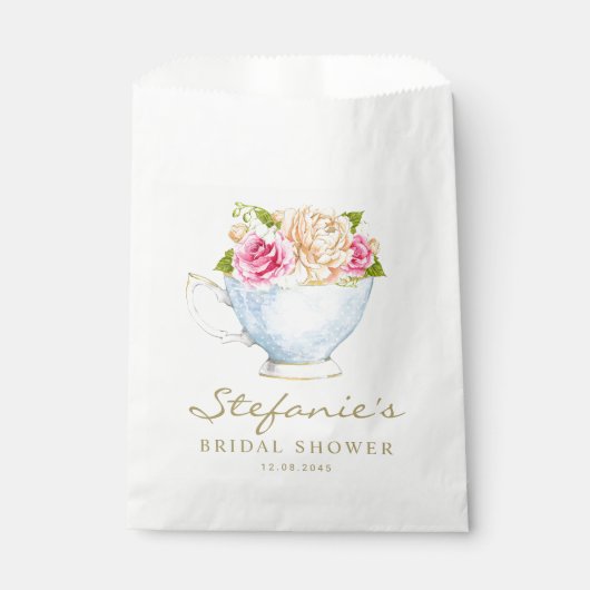 ウェディングシャワーのためのティーカップの水彩画の花 フェイバーバッグ (正面)