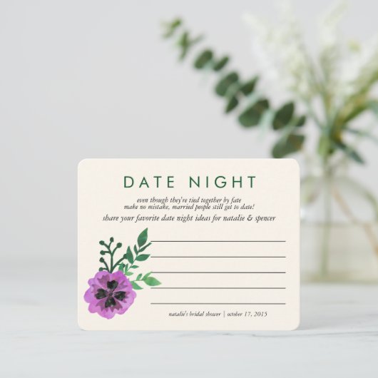ウェディングシャワーのためのデートナイトのアイデアカード | パープルパンジー (スタンド正面)