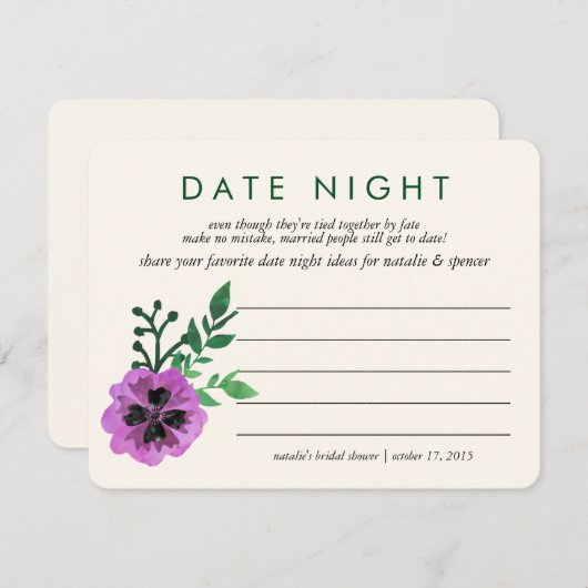 ウェディングシャワーのためのデートナイトのアイデアカード | パープルパンジー (正面/裏面)