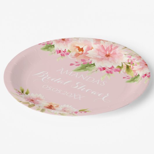 ウェディングシャワーのためのブッシュピンクの花 ペーパープレート (アングル)