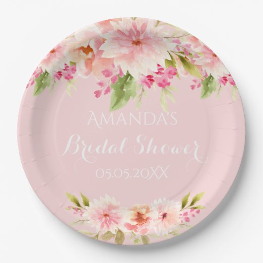 ウェディングシャワーのためのブッシュピンクの花 ペーパープレート (正面)