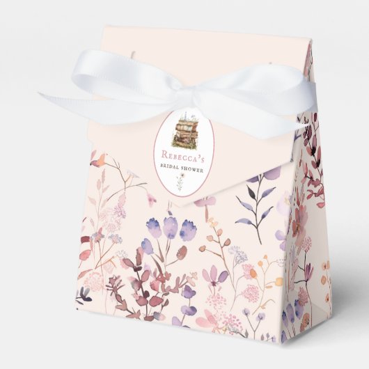 ウェディングシャワーのための水彩のワイルドフラワーと本のスタック フェイバーボックス (正面サイド)