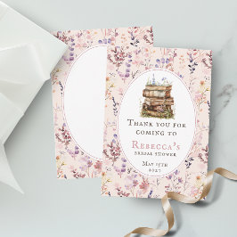 ウェディングシャワーのための水彩のワイルドフラワーと積まれた本 サンキューカード