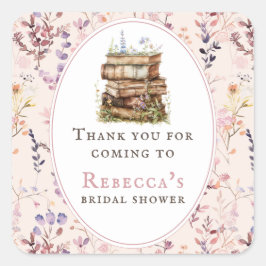ウェディングシャワーのための水彩のワイルドフラワーと積まれた本 スクエアシール