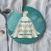 ウェディングシャワーのための深い青緑色の金ラメのウェディングドレス 缶バッジ (インサイチュ)