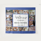 ウェディングシャワーのウェルカムスクリプト ブルー フォトコラージュ タペストリー (正面(横))