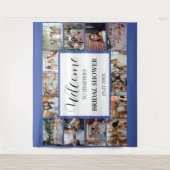 ウェディングシャワーのウェルカムスクリプト ブルー フォトコラージュ タペストリー (正面)