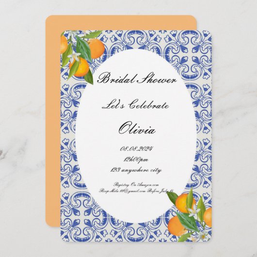 ウェディングシャワーのオレンジの招待状 セーブザデート (正面/裏面)