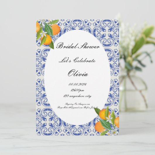 ウェディングシャワーのオレンジの招待状 セーブザデート (スタンド正面)