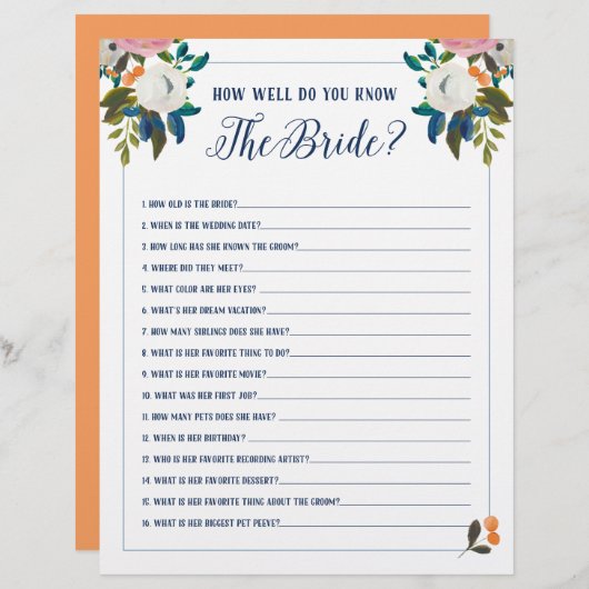 ウェディングシャワーのゲーム 花嫁を知ろう (正面/裏面)