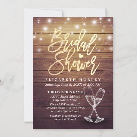 ウェディングシャワーのシャンパングラス 木製ストリングライト 招待状 (正面)